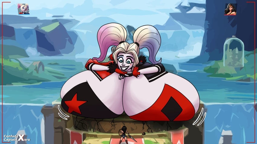 2girls breasts_bigger_than_head breasts_bigger_than_torso bursting_breasts captainxero confade female_only giantess harley_quinn hyper hyper_breasts massive_breasts multiple_girls multiversus tagme wonder_woman