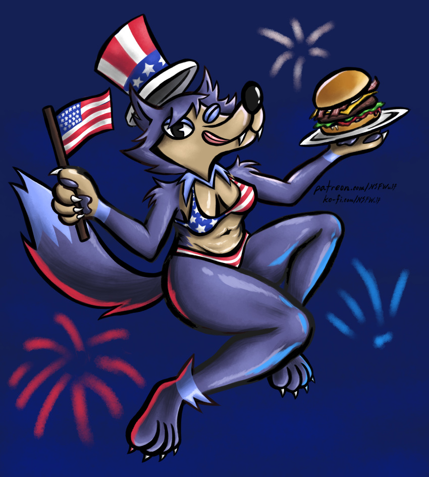 4th_of_july american_flag american_flag_bikini anthro anthro_only belly belly_button bikini blue_fur breasts burger cheeseburger claws cleavage dipstick_tail fangs female female_focus female_only fireworks fleischer_style_toon furry furry_only hat ko-fi nsfwulf patreon_url pawpads pie_cut_eyes pinup purple_fur tan_fur thick_thighs tongue_out toony uncle_sam wide_hips winking wolf wolf_girl