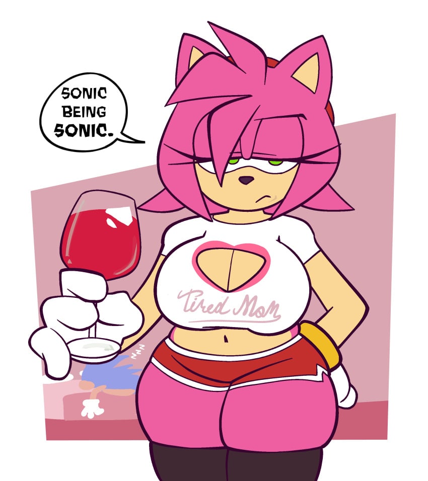 1boy 1girls amy_rose anthro big_breasts boob_window breasts busty cleavage dialogue drink female large_breasts legwear looking_at_viewer male monamania shirt shorts sleeping solo sonic_(series) sonic_the_hedgehog sonic_the_hedgehog_(series) text text_on_clothing thick_thighs tired tired_expression unamused wide_hips wine_glass