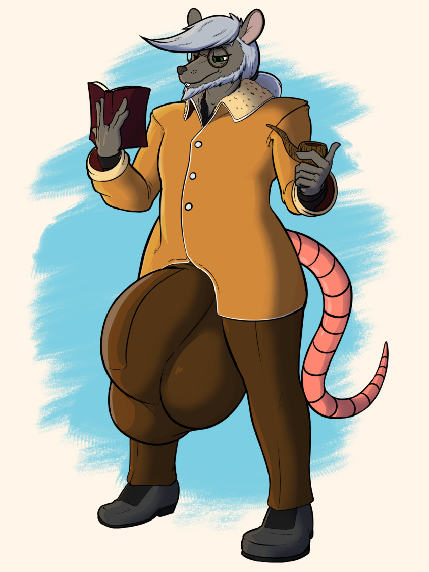 anthro beard book bulge clothed clothing eyewear facial_hair glasses hi_res hyper hyper_bulge kyrie_eleison male male_only mammal murid murine pipe rat rodent simple_background solo standing