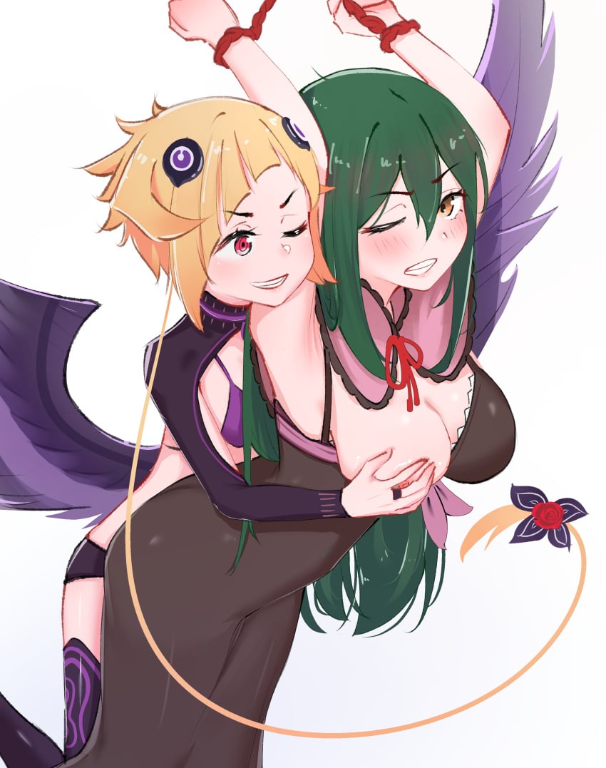 2girls arms_up blonde_hair blush breast_grab breast_squeeze breasts breasts_out breasts_out_of_clothes capella_emerada_lugunica captured crusch_karsten duo duo_female green_hair groping groping_breasts groping_from_behind half-dressed half_naked nipples partially_clothed re:zero_kara_hajimeru_isekai_seikatsu standing tied_hands villain_on_hero wipe_(artist) yuri yuri