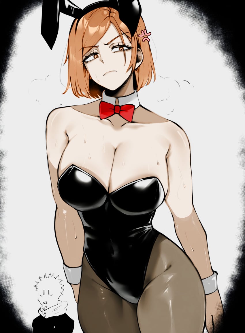 1boy 1girls absurdres ajaycolor anger_vein angry angry_expression animal_ears big_breasts black_bow black_bowtie black_leotard black_pantyhose bow bowtie breasts brown_eyes brown_hair bunny_ears bunny_girl bunnysuit cleavage color color_edit colored colored_hair colored_inner_hair colored_sketch colored_skin covered_navel detached_collar edit fake_animal_ears female_focus grin heart_maebari highleg highleg_leotard highres itadori_yuuji jujutsu_kaisen kugisaki_nobara large_breasts leotard looking_at_viewer maebari masoq095 matching_hair/eyes medium_hair meme_attire navel open_mouth pantyhose playboy_bunny ponytail rabbit_ears rabbit_pose smile stomach strapless strapless_leotard sweat wrist_cuffs year_of_the_rabbit