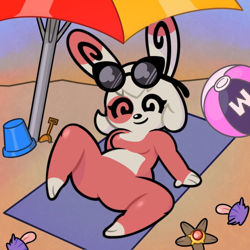 anthro beach beach_ball bunny_girl female long_ears no_humans pokemon pokemon_(species) spinda spiral_eyes spread_legs spreading sunglasses vacation woobfuzz