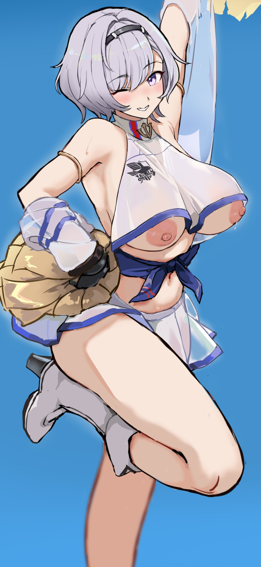 1girls absurdres anchor_symbol arm_strap arm_up azur_lane bare_shoulders blue_background blush boots breasts cheerleader crop_top eagle_union_(emblem) female grey_hair hair_between_eyes hairband high_heel_boots high_heels highres holding holding_pom_poms knee_boots large_breasts looking_at_viewer navel nipples no_bra nose_blush official_alternate_costume one_eye_closed pom_pom_(cheerleading) purple_eyes reno_(azur_lane) reno_(biggest_little_cheerleader)_(azur_lane) ry_(100880675) sash see-through see-through_shirt see-through_skirt see-through_sleeves shirt short_hair sidelocks simple_background skirt sleeveless smile solo standing standing_on_one_leg sweat wink