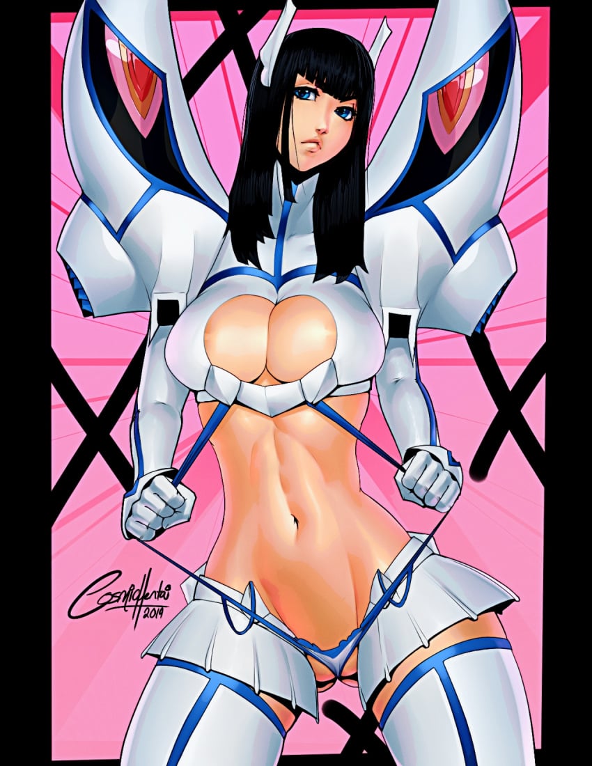 1girls between_labia big_breasts black_hair blue_eyes breasts cameltoe cleavage clothing cosmichentai curvy female female_only hair innie_pussy junketsu kill_la_kill kiryuuin_satsuki long_hair solo