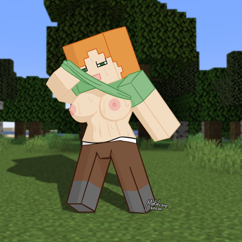 alex_(minecraft) flashing_breasts ginger large_breasts looking_at_viewer metalcoremanson minecraft solo_female sweat sweating underwear_peek