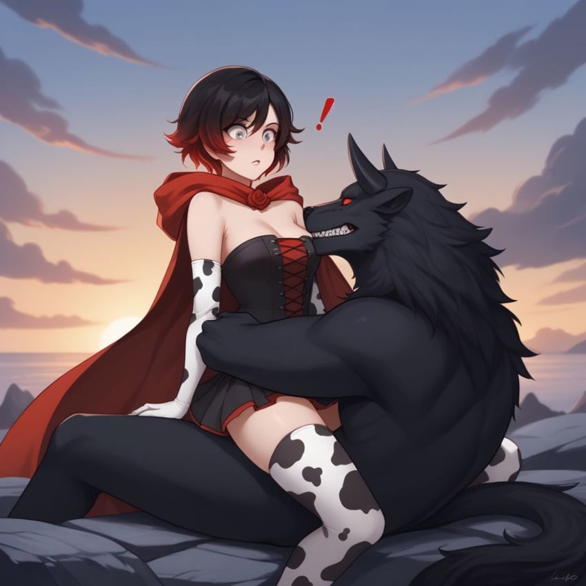 1boy 1girls ai_generated anthro beowolf_(rwby) female female_protagonist grimm_(rwby) human kastakanin male mommy monster ruby_rose rwby