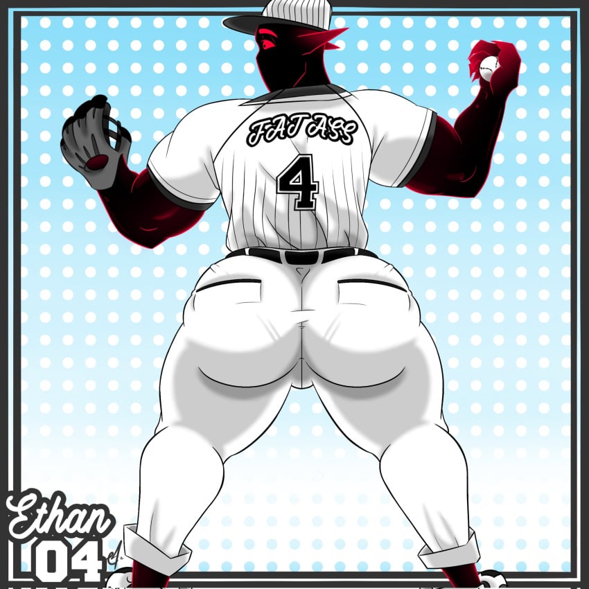 1boy baseball baseball_(ball) baseball_cap baseball_glove baseball_uniform beefy_demon_acc big_ass big_butt demon ethan_(beefy_demon_acc) glowing_eyes huge_ass huge_butt male male_only muscular muscular_male red_eyes solo solo_male thick_thighs wide_hips