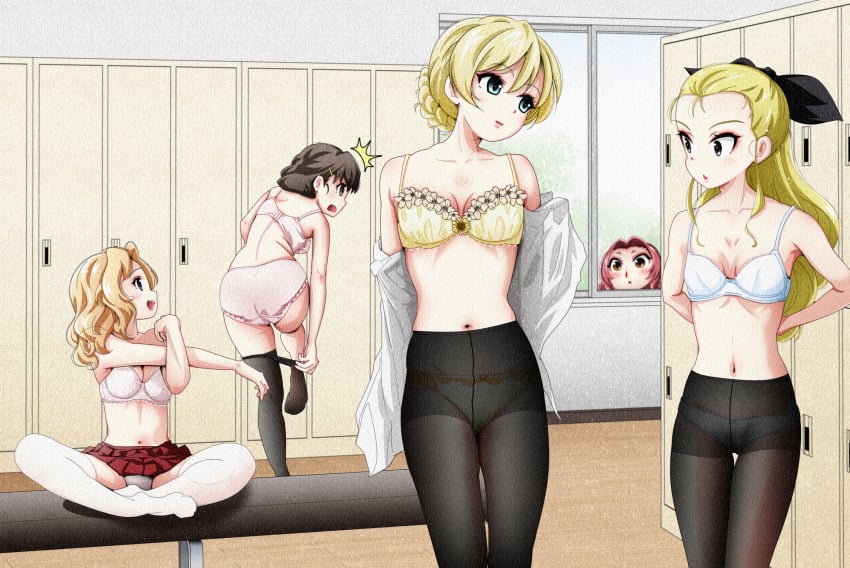 5girls assam bapio blonde_hair blue_eyes blush bra braid breasts brown_eyes brown_hair changing_room cleavage commission darjeeling dressing girls_und_panzer hairbow kay_(girls_und_panzer) large_breasts long_hair looking_at_another navel open_mouth panties panties_under_pantyhose pantyhose pantyhose_pull pink_hair pixiv_commission rosehip rukuriri shirt shirt_pull sitting skirt small_breasts smile thighhighs underwear