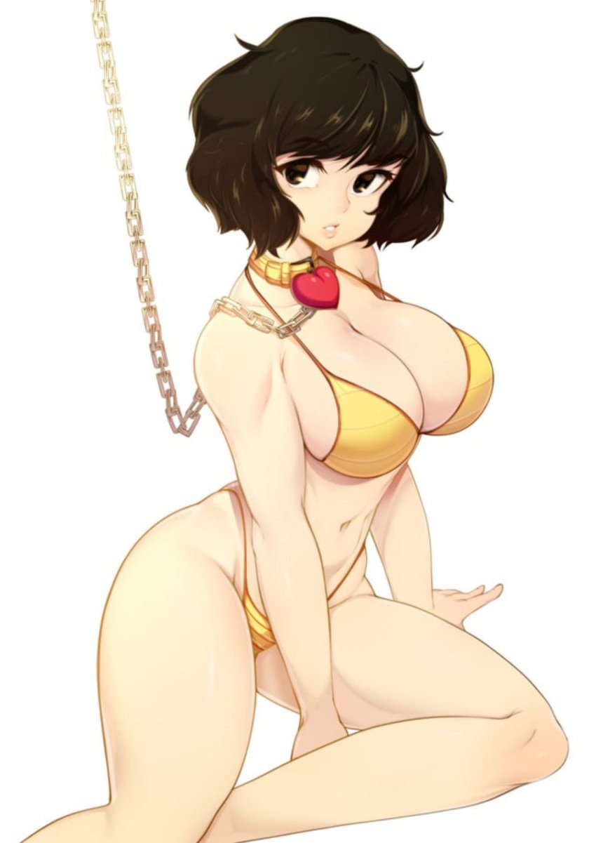 1girls alternate_version_available atlus brown_hair brown_hair_female chain chains cleavage collar curly_hair curly_hair_female curvy curvy_figure female female_focus female_only fully_clothed harem_girl heart_symbol leash light-skinned_female light_skin lingerie looking_at_viewer megami_tensei persona persona_5 revealing_clothes sadayo_kawakami sega sex_slave short_hair short_hair_female skimpy_clothes slave solo solo_female solo_focus tagme thick_thighs thighs thong white_background