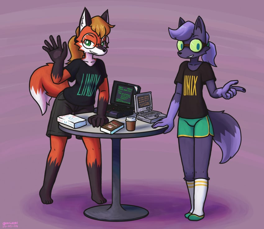 2024 4_toes 5_fingers anthro anthro_only biped black_clothing black_shirt black_topwear book boss_monster_(undertale) bottomwear brown_hair brown_pawpads c_(programming_language) canid canine cheek_tuft chujin_(undertale_yellow) clothing coffee_cup computer container crossover cup dated dipstick_tail dolphin_shorts duo electronics english_text eyewear facial_tuft fan_character feet female fingers footwear fortran_(programming_language) fox frigadae fur glasses gloves_(marking) goggles green_eyes grey_bottomwear grey_clothing grey_shorts hair hi_res inner_ear_fluff laptop leg_markings linux male mammal markings pawpads purple_background purple_body purple_fur purple_hair red_body red_fox red_fur shirt shorts signature simple_background socks socks_(marking) standing tail tail_markings text text_on_clothing text_on_shirt text_on_topwear the_c_programming_language toes topwear trans_(lore) trans_woman_(lore) true_fox tuft undertale_(series) undertale_yellow unix white_inner_ear white_inner_ear_fluff xenia_(linux_fox)