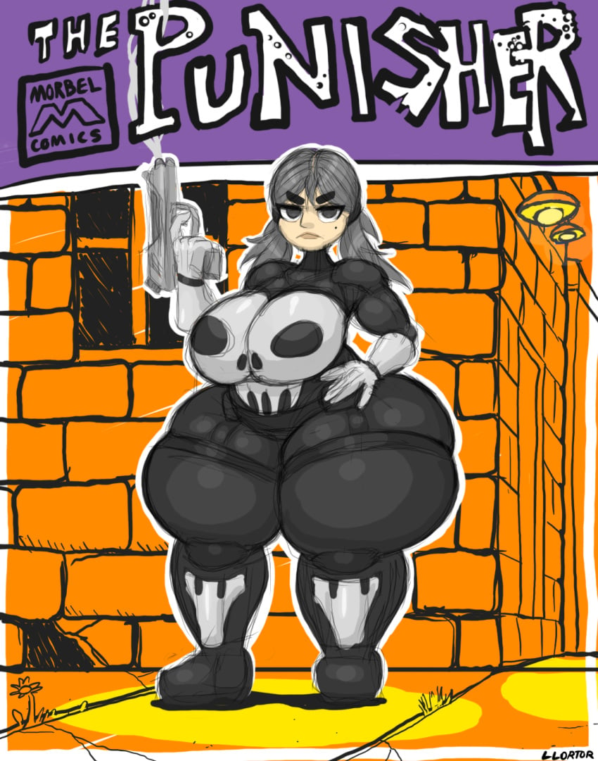 1girls :< armor armored_boots bbw big_breasts breasts chubby digital_drawing_(artwork) fake_cover fat garter_straps gigantic_thighs gray_eyes gun holding_weapon hyper_hips hyper_thighs large_breasts latex llortor marvel marvel_comics mole_under_eye obese obese_female original_character redesign rule_63 silver_hair skindentation skull skull_motif straps the_punisher twintails white_gloves wide_hips