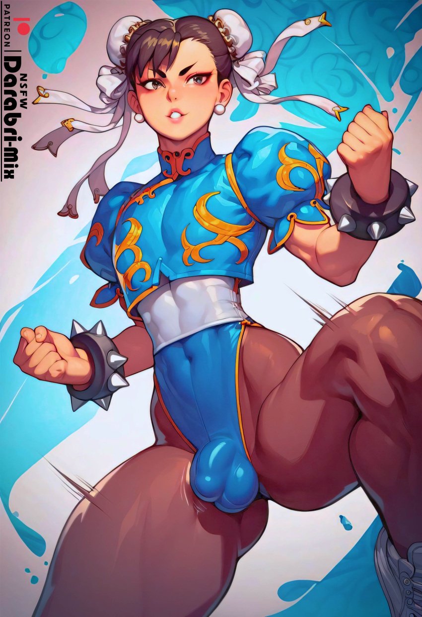 1boy abstract_background ai_generated beige_skin brown_hair bulge chun-li cute darabri-mix femboy feminine_male flat_chest flat_chested gay genderswap genderswap_(ftm) girly open_mouth otoko_no_ko penis_bulge rule_63 street_fighter trap yaoi