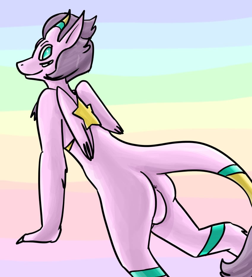 2019 4_eyes alien alternate_species anthro anus arm_tuft ass backsack balls barely_visible_genitalia bent_over betlv blue_eyes cartoon_network chest_tuft claws digitigrade dragon feathered_wings feathers fur furred_dragon furrification fusion gem gem_(species) hair hi_res horn looking_at_viewer looking_back male multi_eye nude penis perineum pink_body pink_fur presenting presenting_hindquarters purple_hair purple_tuft rainbow_quartz_2.0 raised_tail shaded short_hair simple_background smile solo standing star steven_universe tail_tuft tuft wings