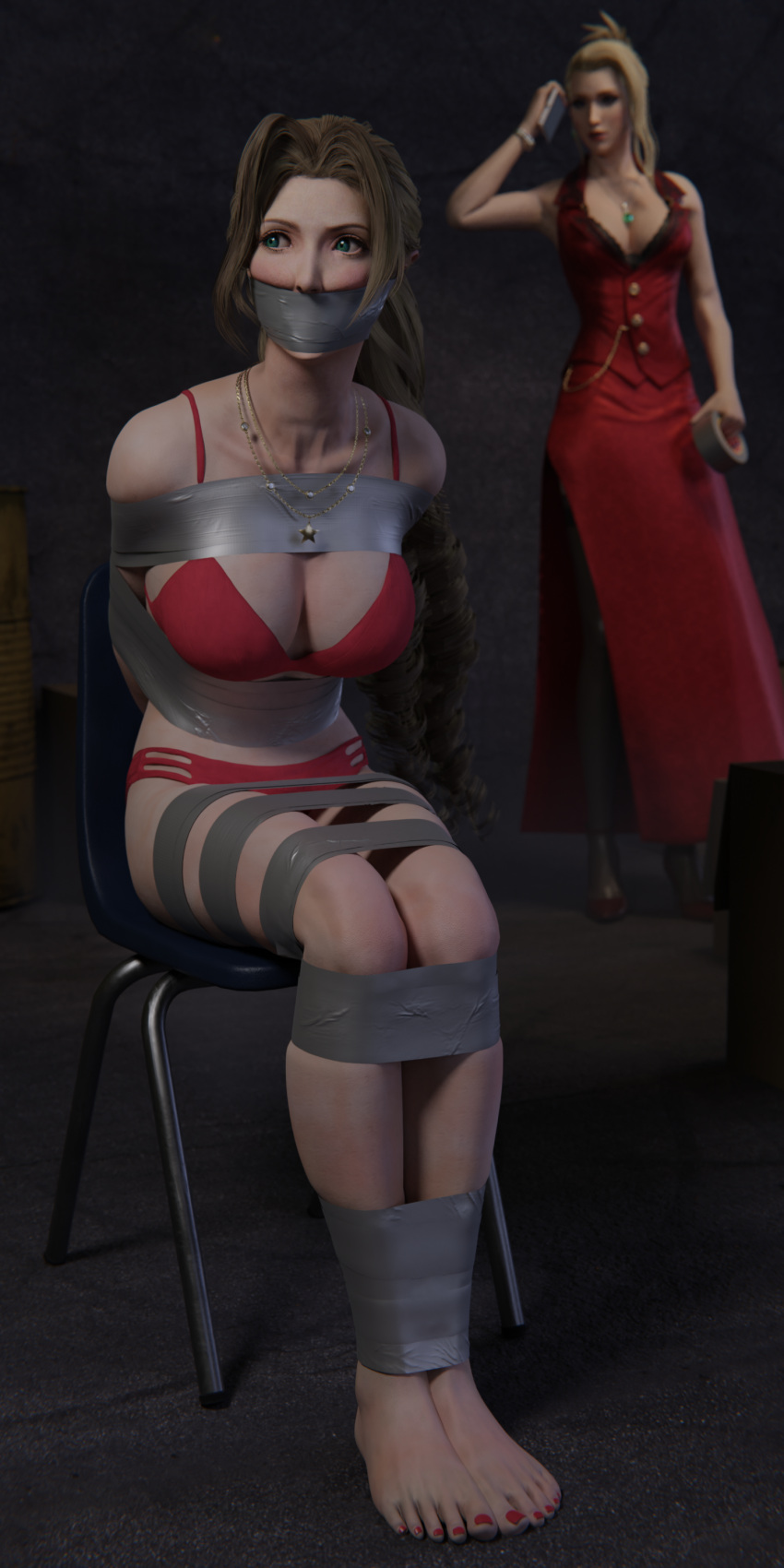 2girls 3d aerith_gainsborough bondage brown_hair feet female female_only final_fantasy final_fantasy_vii final_fantasy_vii_remake lingerie lord_kamski scarlet_(ffvii) square_enix toes