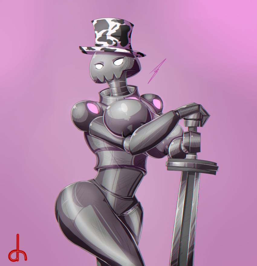 artist_signature big_breasts female glowing_eyes hat hb-viper holding_sword humanoid large_breasts metallic_body pink_background puffy_nipples robot rule_63 simple_background slendytubbies solo sword the_imposter_(slendytubbies) the_main_slendytubbies_cast_and_enemies thick_thighs voluptuous white_eyes