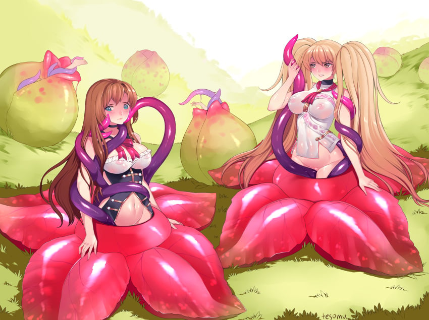 2girls absurdres areolae blonde_hair blue_eyes blush breasts brown_hair cleavage clothing curvy female female_only femsub flower granblue_fantasy highres large_breasts lecia_(granblue_fantasy) monica_(granblue_fantasy) multiple_girls nipples no_bra plant plant_vore rafflesia restrained see-through see-through_clothing see-through_top tentacle tentacle_around_arm tentacle_around_waist tentacle_between_breasts tentacle_bondage tentacle_grab tesomu vore