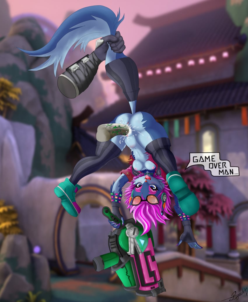 1boy 1girls absurd_res androxus_(paladins) anus ass ass_up big_breasts blue_fur breasts canid canine clothed clothing cum cum_in_pussy cum_inside female fox fur hi-rez_studios hi_res lugavi mammal paladins pants pants_down partially_clothed penetration pepper_(paladins) purple_hair pussy tail tail_grab unseen_male_face vaginal_penetration