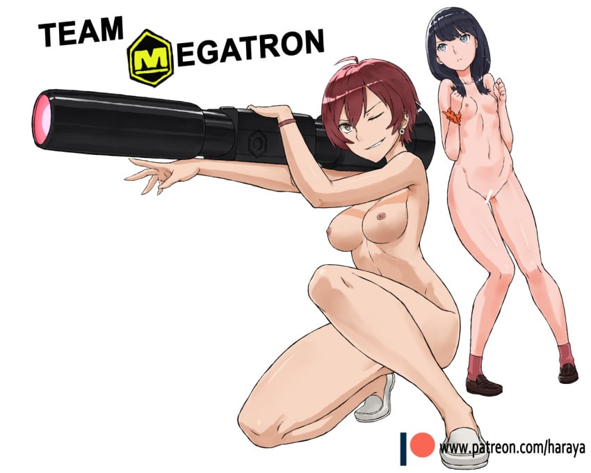 2girls areolae arm_cannon breasts cannon censored earrings fusion_cannon grey_eyes hair_between_eyes jewelry long_hair medium_breasts megatron mother_and_daughter multiple_girls nipples one_eye_closed scrunchie shoes short_hair small_breasts ssss.gridman takarada_orie takarada_rikka transformers weapon wrist_scrunchie