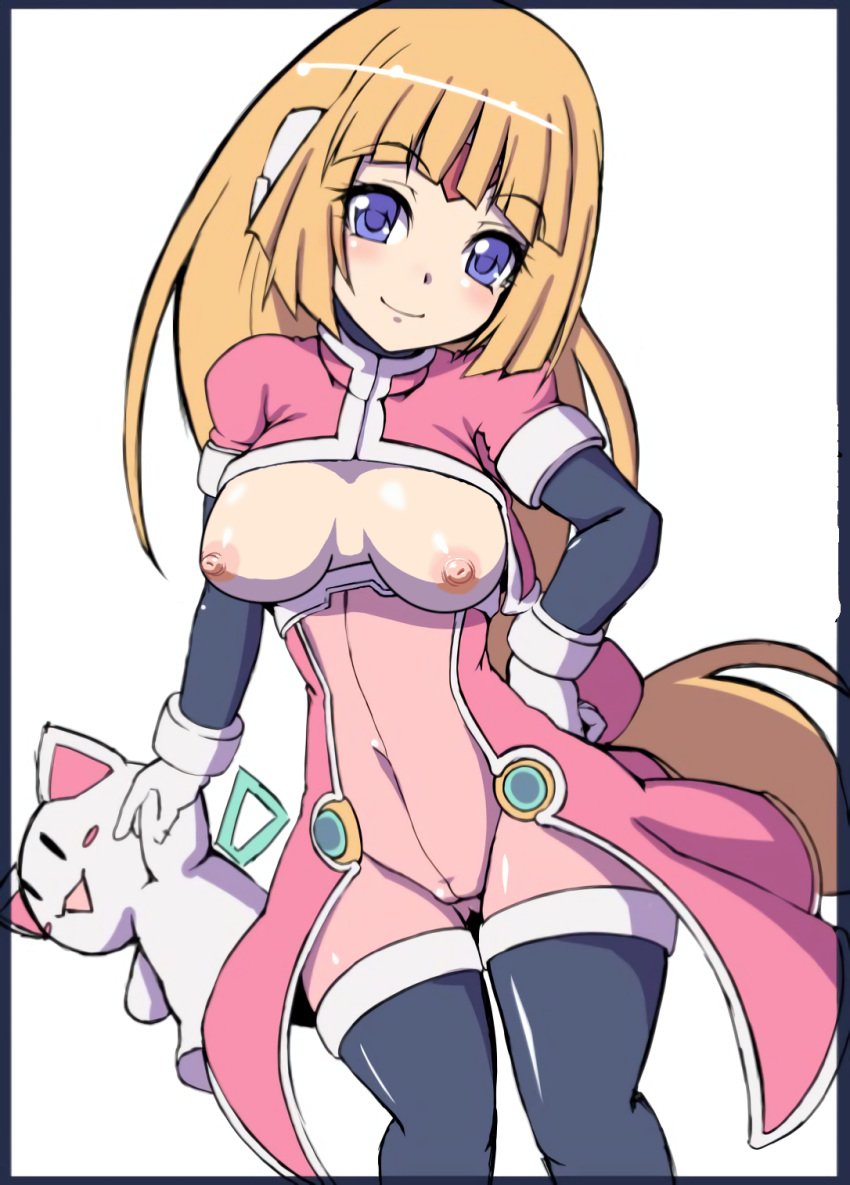 android animal blonde_hair blue_eyes breasts cameltoe doll facial_mark feline female forehead_mark gloves highres long_hair mega_man mega_man_zx nipples prairie robot_ears semikichi third-party_edit white_gloves