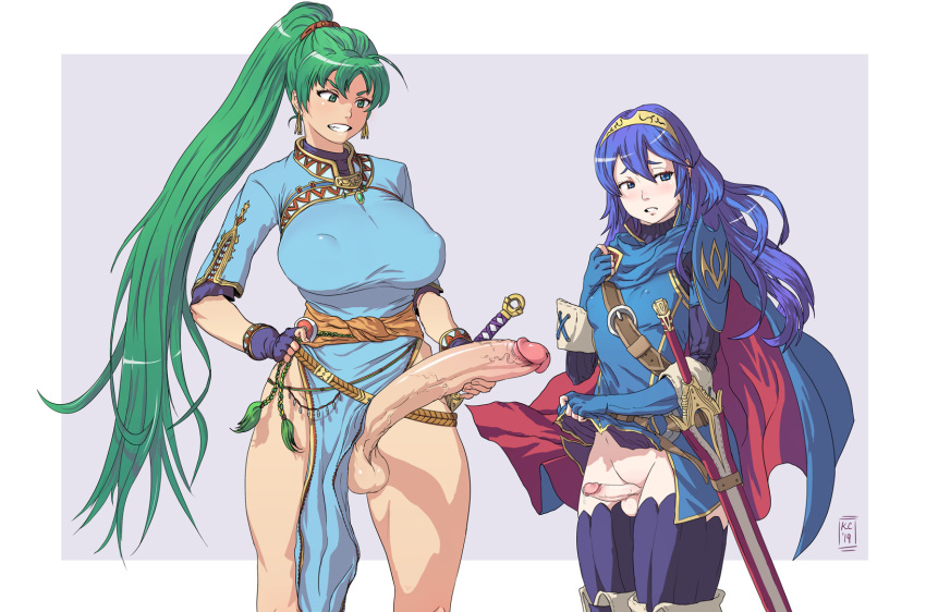 2futas athletic balls bare_legs belt big_balls big_breasts big_penis blue_eyes blue_hair blush breast_size_difference breasts cape clenched_teeth dress earrings erect_nipples erect_nipples_under_clothes erection exposed_penis fingerless_gloves fire_emblem fire_emblem:_the_blazing_blade fire_emblem_awakening flat_chest futa_only futa_sans_balls futa_with_futa futanari gloves green_eyes green_hair hair_ornament hand_on_hip highres huge_cock intersex jewelry kupocun large_breasts larger_futanari long_hair long_penis lucina_(fire_emblem) lyn_(fire_emblem) multiple_girls muscular_thighs nintendo nipples no_panties nopan pale-skinned_futanari pale_skin penis penis_size_comparison penis_size_difference penis_under_clothes ponytail precum simple_background size_difference skirt skirt_lift small_breasts small_penis small_penis_futa small_penis_humiliation smaller_futanari smile standing sword teeth testicles thick_thighs thighhighs tied_hair veins veiny_penis very_long_hair weapon