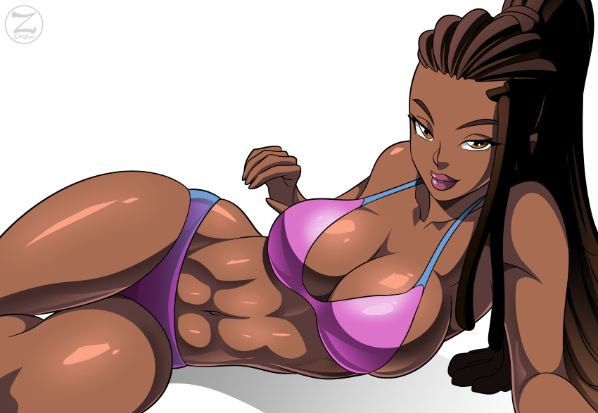 1girls absurdres bikini breasts brown_eyes cleavage cornrows dark-skinned_female dark_skin female hairlocs highres large_breasts lipstick long_hair looking_at_viewer lying makeup master_raven navel on_side outstretched_arm parted_lips simple_background skindentation smile solo swimsuit tekken toned white_background zafirydraw