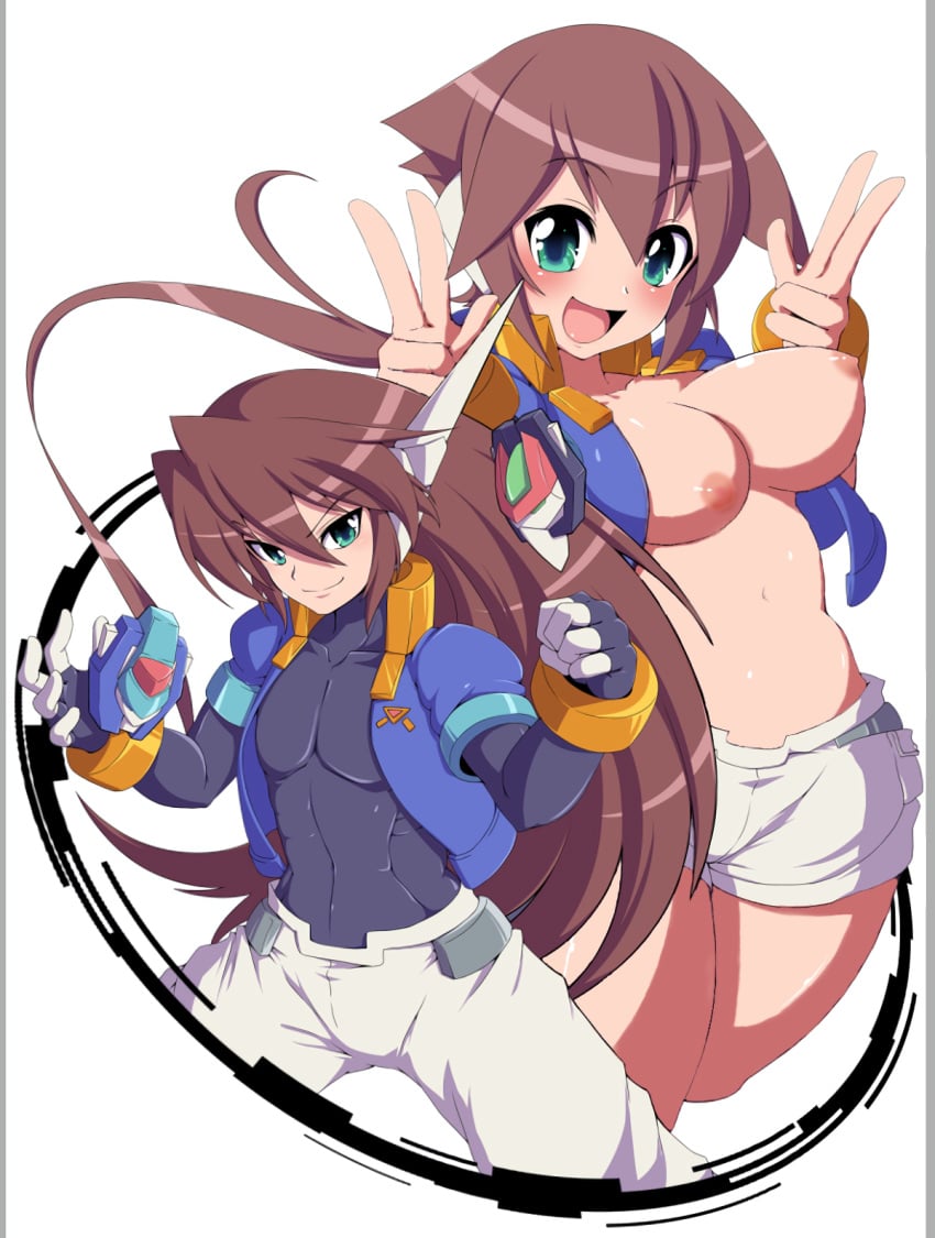 1boy aile bodystocking bodysuit bracelet breasts brown_hair cropped_jacket female green_eyes hair_between_eyes highres jewelry livemetal long_hair long_ponytail mega_man mega_man_zx_advent model_x model_z nipples robot_ears rockman_zx_advent semikichi short_shorts shorts third-party_edit vent_(mega_man) white_shorts