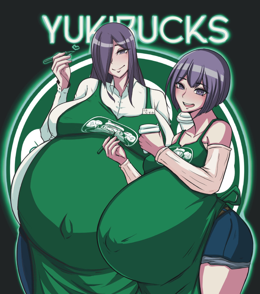 2girls apron belly belly_button big_belly clothed female heart jeans original outie_navel popped_navel pregnant pregnant_female purple_eyes purple_hair shorts yukibucks yukinohi