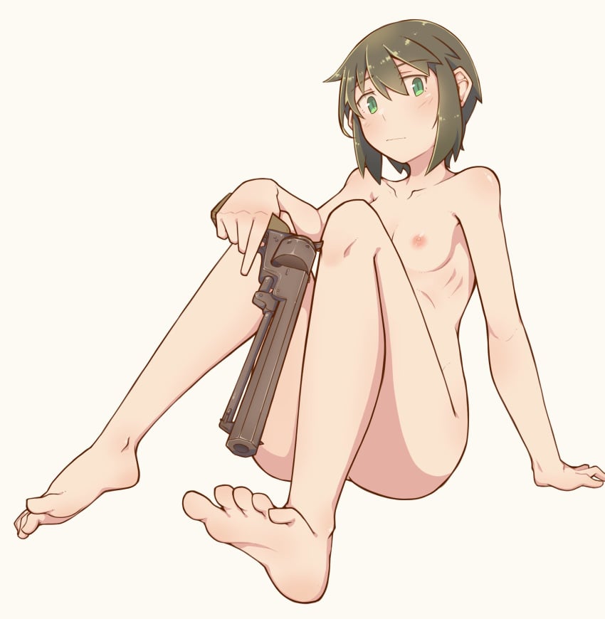 absurdres ass barefoot breasts casual colt_1851 feet female firearm flat_chest green_eyes green_hair gun handgun highres human kino kino_no_tabi kokuya28 looking_at_viewer nipples nude pale_skin pistol revolver ribcage short_hair simple_background sitting small_breasts soles toes tomboy weapon