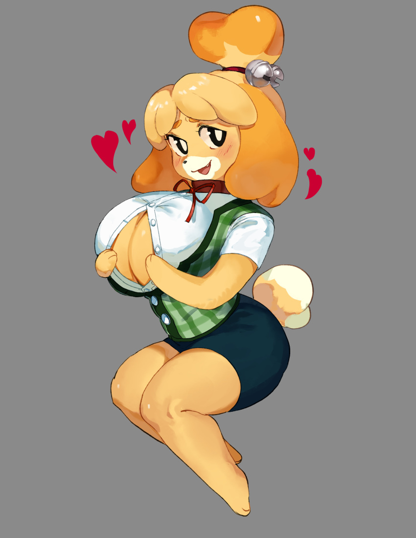 1girls 2018 absurd_res animal_crossing anthro bell big_breasts blonde_hair blush breasts canid canine canis cleavage clothed clothed_female clothing domestic_dog female female_only floppy_ears fur hair happy heart highres huge_breasts isabelle_(animal_crossing) looking_at_viewer mammal miniskirt nintendo open_mouth paizuri_invitation presenting shih_tzu shirt simple_background skirt solo solo_female tight_clothing topwear vest video_games voluptuous yellow_fur zambiie