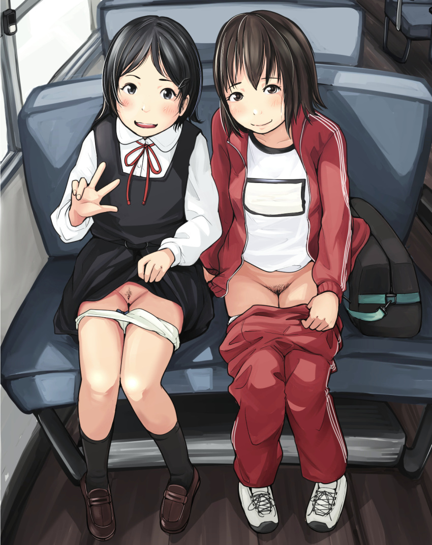 2girls bag black_hair black_legwear bow bow_panties bus clothing collarbone collared_shirt dress dress_lift female highres jacket lifted_by_self long_sleeves multiple_girls open_mouth original panties pants panty_pull pubic_hair pussy rensyu ribbon shirt shoes sitting smile track_jacket track_pants uncensored underwear upper_teeth w white_legwear white_shirt