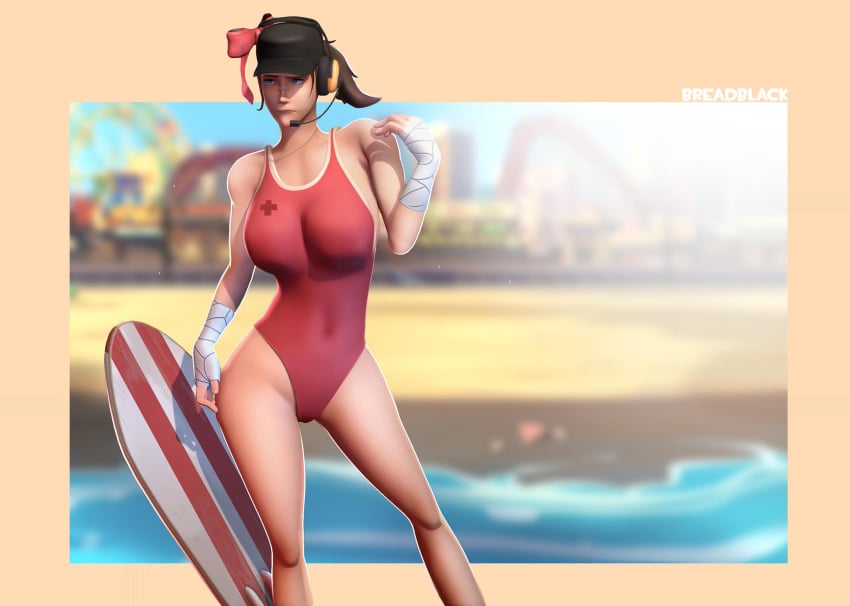 1girls 3d bathing_suit big_breasts bow breadblack cap clothing female female_only femscout human looking_away scout scout_(team_fortress_2) solo surfboard team_fortress_2 uncomfortable