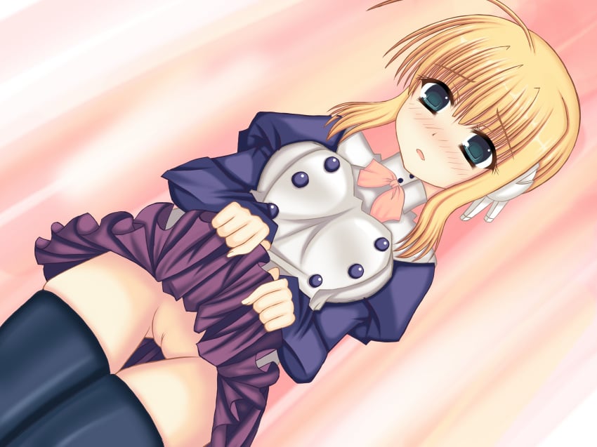 absurdres blonde_hair clothing female green_eyes highres no_panties pussy silfa skirt skirt_lift stockings to_heart_(series) to_heart_2 to_heart_2_another_days