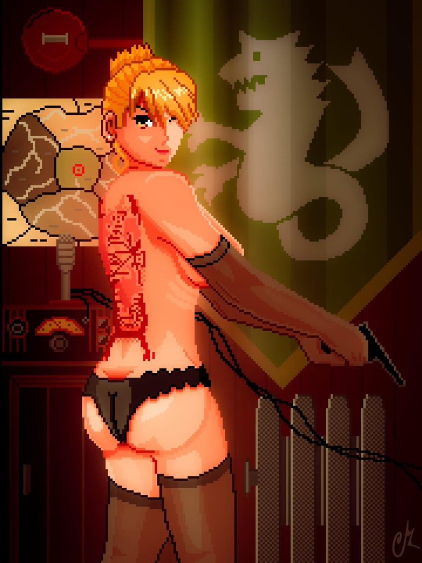 1girls artist_request artist_signature ass back_tattoo blonde_hair breasts fullmetal_alchemist gun holding_gun lingerie looking_to_the_side no_bra panties pistol pixel_art riza_hawkeye stockings tagme tagme_(artist) tattoo tattoo_on_back weapon yellow_eyes