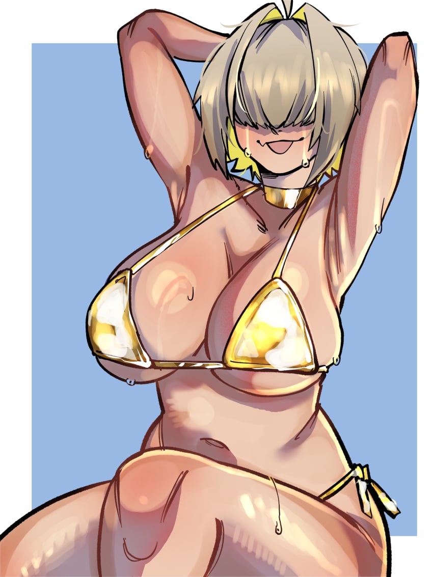 1girls big_breasts bikini bikini_bottom bikini_top blonde_hair clenched_teeth elegg_(nikke) female female_only goddess_of_victory:_nikke golden_bikini golden_bikini_bottom golden_bikini_top hair_over_eyes hermitlustful large_breasts multicolored_hair navel solo solo_female solo_focus thick_thighs thighs tongue tongue_out wide_hips yellow_hair