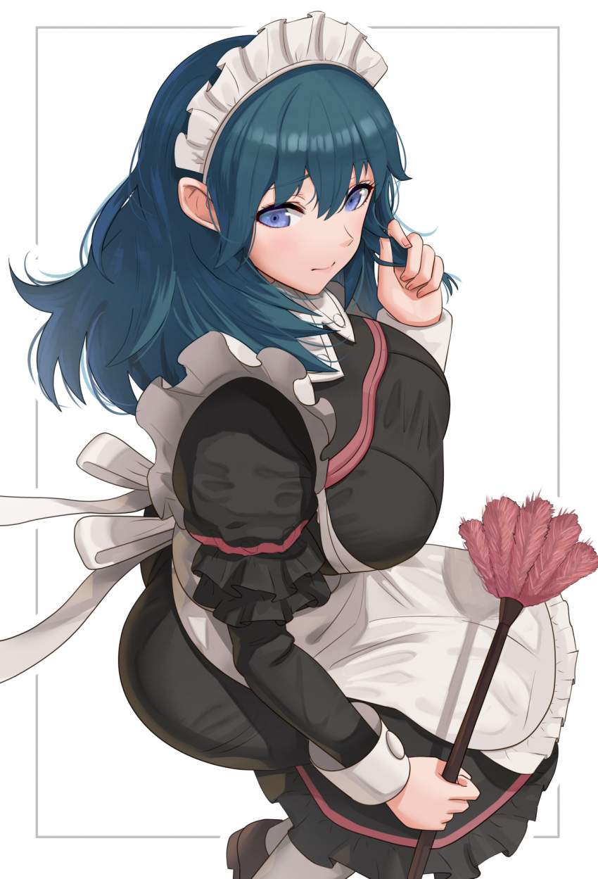 1girls apron ass bad_id bad_pixiv_id big_ass black_dress blue_eyes blue_hair blush breasts byleth_(female)_(fire_emblem) byleth_(fire_emblem) closed_mouth commentary cowboy_shot dress duster female female_only fire_emblem fire_emblem:_three_houses frilled_apron frilled_dress frills gonzarez hair_between_eyes hand_up highres holding holding_duster holding_own_hair large_breasts long_dress long_hair long_sleeves looking_at_viewer maid maid_apron maid_day maid_headdress nintendo puffy_long_sleeves puffy_sleeves shoes sidelocks simple_background solo teal_hair thighhighs white_apron white_background white_thighhighs