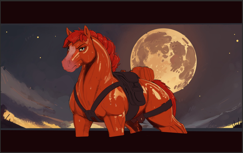 animal_genitalia crotchboobs crotchboobs_visible_through_thighs equestrian equid equine female feral hair hi_res horse light mammal moon moonlight outside red_body red_hair simple_coloring solo straps straps_across_chest