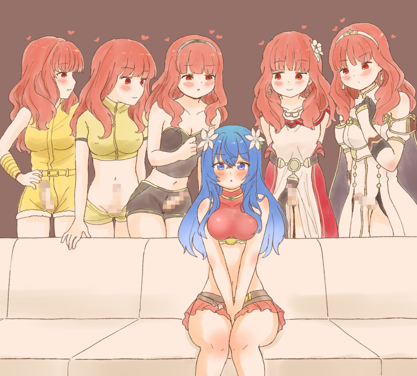 1girls 5futas alternate_costume azumanishiki bangs bare_arms bare_midriff bare_shoulders bare_thighs bikini bikini_skirt blue_eyes blue_hair blush breasts caeda_(fire_emblem) caeda_(summer)_(fire_emblem) celica_(fire_emblem) celica_(valentine)_(fire_emblem) celica_(warrior_princess)_(fire_emblem) censored cleavage clone clothed clothing collarbone couch covered_nipples dress earrings elbow_gloves erection female fire_emblem fire_emblem:_mystery_of_the_emblem fire_emblem:_shadow_dragon_and_the_blade_of_light fire_emblem_echoes:_shadows_of_valentia fire_emblem_heroes fire_emblem_warriors flower fully_clothed futanari gloves hair_flower happy harem heart hearts_around_head human imminent_sex light-skinned_female light-skinned_futanari light_skin long_hair looking_at_viewer medium_breasts meme midriff mosaic_censoring mostly_clothed navel nintendo official_alternate_costume on_couch open_mouth orange_eyes orange_hair own_hands_together pelvic_curtain piper_perri_surrounded red_bikini red_hair red_swimsuit short_sleeves shorts shoulders sitting small_breasts smile swimsuit tank_top thighs tiara