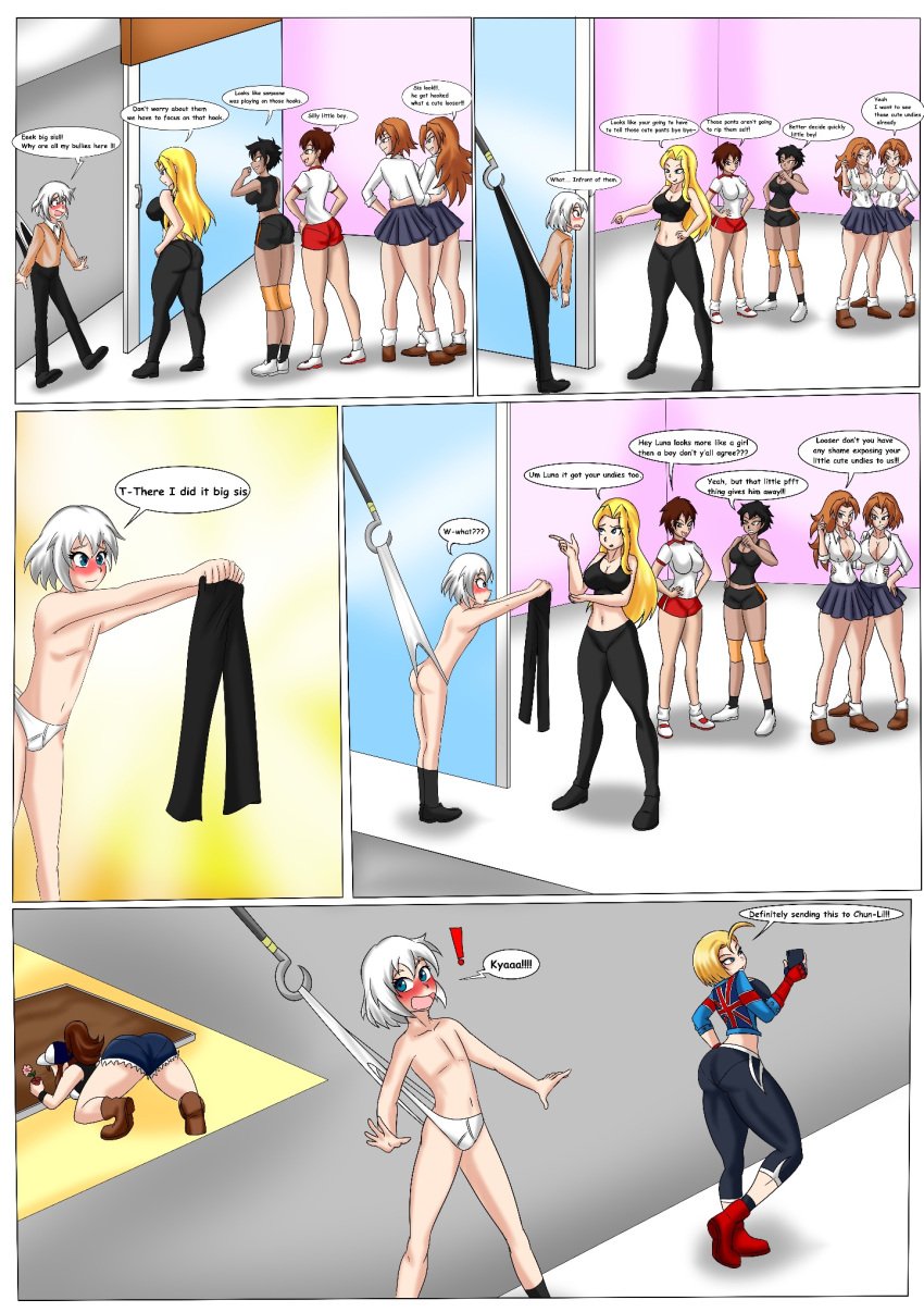 1boy 6+girls ass blush cammy_white comic_page embarrassed_nude_femboy femboy hilda_(pokemon) hook luna_(dreamyluna19) multiple_girls pants_removed pokemon sodaska spongebob_reference tagme underwear wedgie