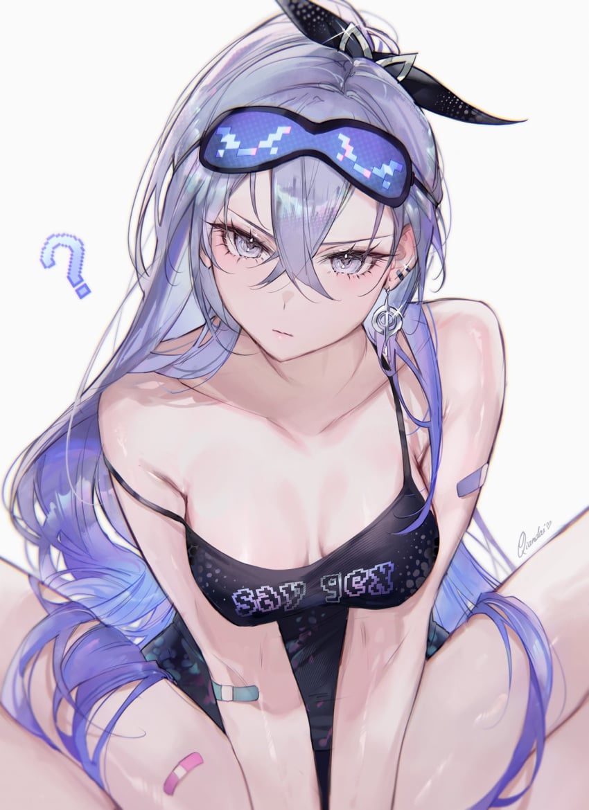 1girls cleavage cleavage_cutout earring female female_focus female_only honkai:_star_rail honkai_(series) light-skinned_female light_skin long_hair looking_at_viewer medium_breasts ponytail qiandaiyiyu question_mark questionable silver_eyes silver_hair silver_wolf_(honkai:_star_rail) sleeping_mask sleeveless_shirt tagme tank_top