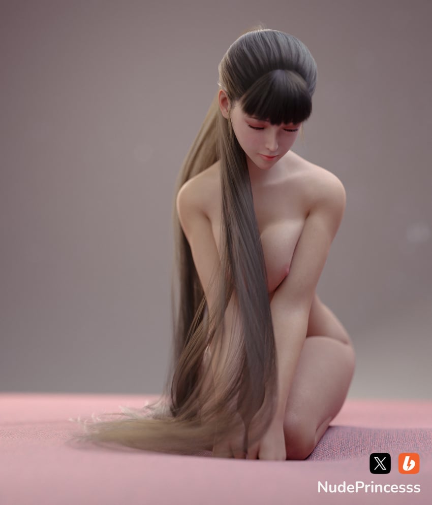 3d 3d_(artwork) bangs blender_(software) blunt_bangs breasts brunette brunette_hair closed_eyes eve_(stellar_blade) eye_closed fanart female hair_fetish hi_res kneeling naked naked_female nude nude_female nudeprincesss photoshop ponytail realistic solo stellar_blade very_long_hair