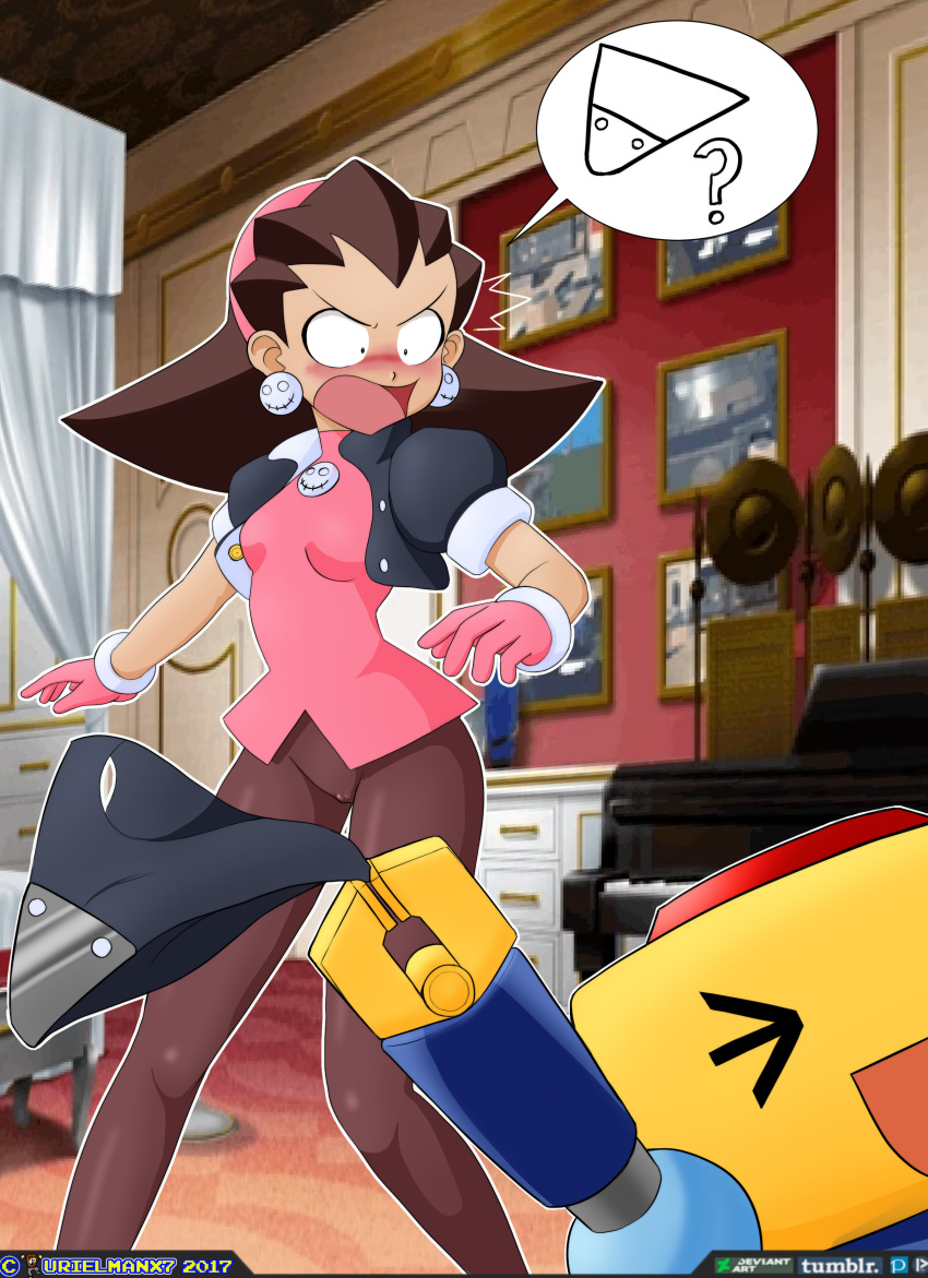 1girls 2017 arm_bracelets big_hair blush brown_hair cameltoe capcom claw crotch_plate crotch_plate_removed earrings embarrassed eyebrows female hairband happy highres indoors jacket legs mega_man mega_man_legends open_mouth outline pantyhose pink_hairband pink_shirt question question_mark robot rockman_dash servbot shocked skull_earrings skull_necklace speech_bubble stealing tongue tron_bonne underling urielmanx7 wide-eyed