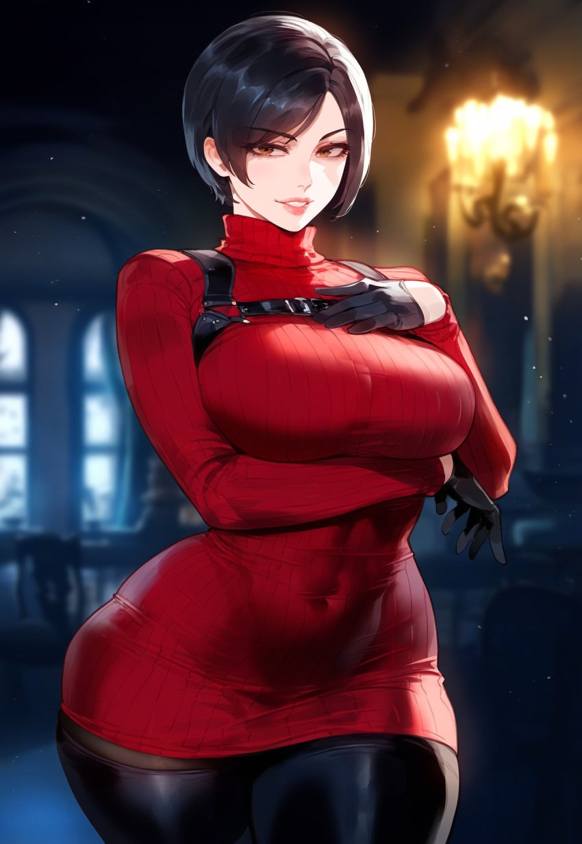 ada_wong ai_generated black_hair brown_eyes creamy_ai curvy female large_breasts red_sweater resident_evil resident_evil_4 sweater sweater_dress thiccwithaq_(ai_style) thick_thighs thigh_boots wide_hips