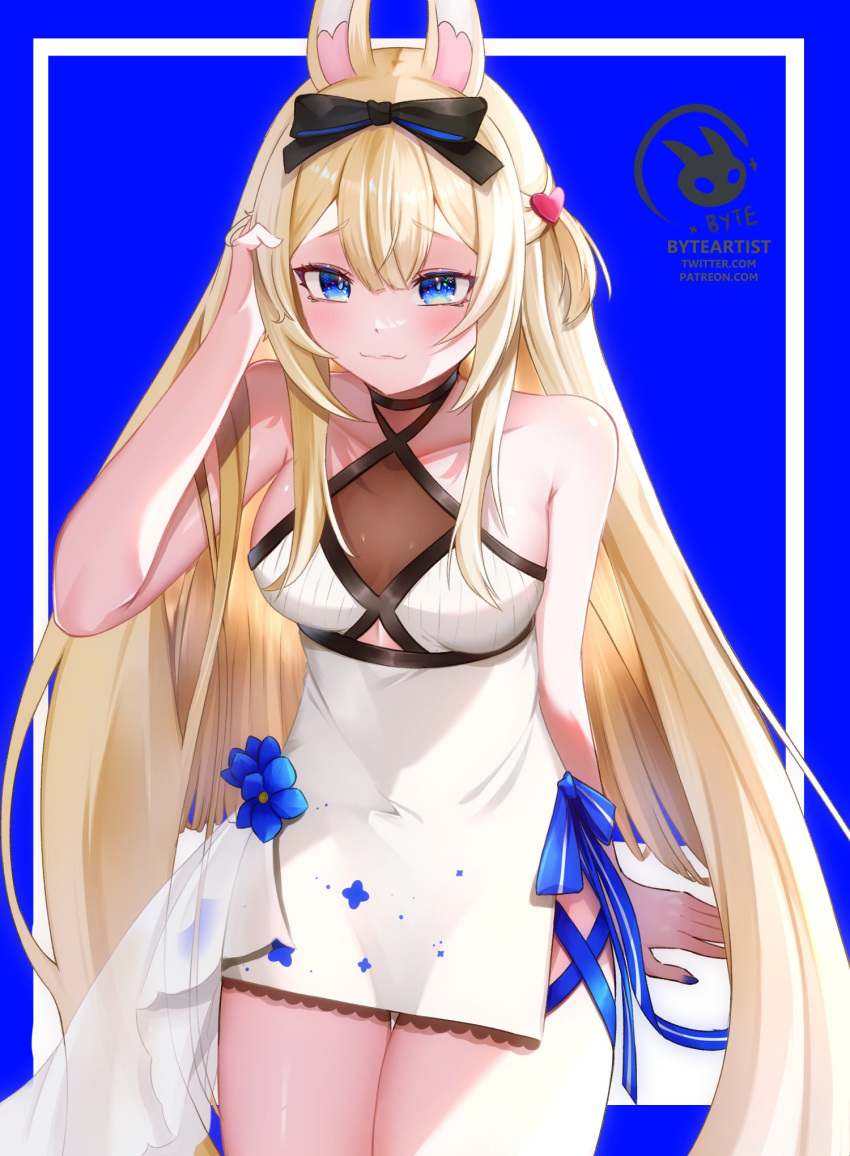 1girl ahoge animal_ears bangs bare_shoulders black_bow blonde_hair blue_background blue_eyes blush bow breasts bunny_ears bunny_girl character_name choker closed_mouth cowboy_shot dress eyebrows_visible_through_hair female hair_between_eyes hair_bow hair_ornament halterneck hand_in_hair hand_up long_hair looking_at_viewer ribbon see-through small_breasts smile solo standing striped very_long_hair virtual_youtuber vyugen white_dress yenko