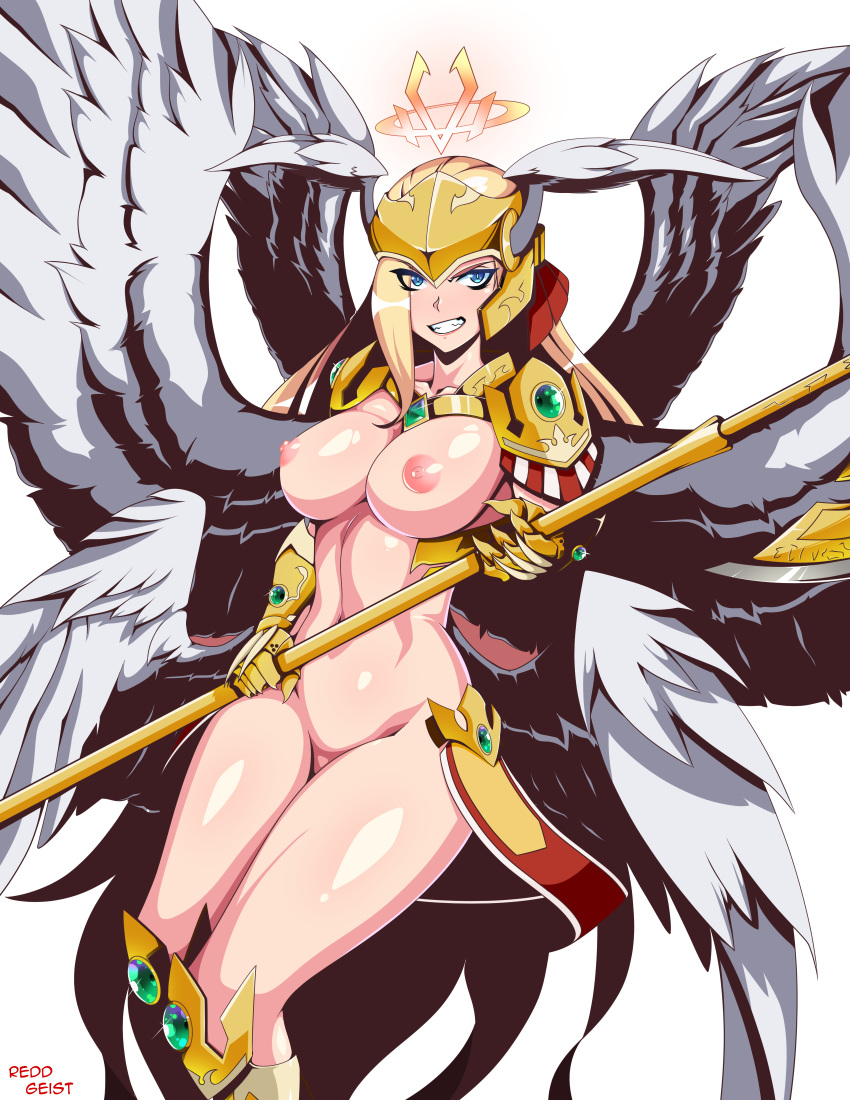 1girls absurdly_long_hair absurdres angel angel_wings armor blonde_hair blue_eyes breasts clenched_teeth female gauntlets gem greaves halo helmet highres ilias legs_together long_hair looking_at_viewer mon-musu_quest! monster_girl_quest multi_wing navel nipples pauldrons polearm reddgeist shiny shiny_hair shiny_skin simple_background solo very_long_hair weapon wide_hips wings