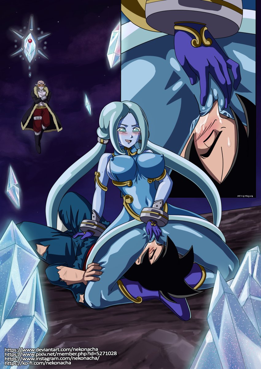 1girls 2boys ball_grab blue_skin collar crystals cunnilingus dragon_ball dragon_ball_heroes facesitting goku hearts_(dragon_ball) humanoid lagss neko ponytails pussy_juice son_goku super_dragon_ball_heroes turquoise_hair