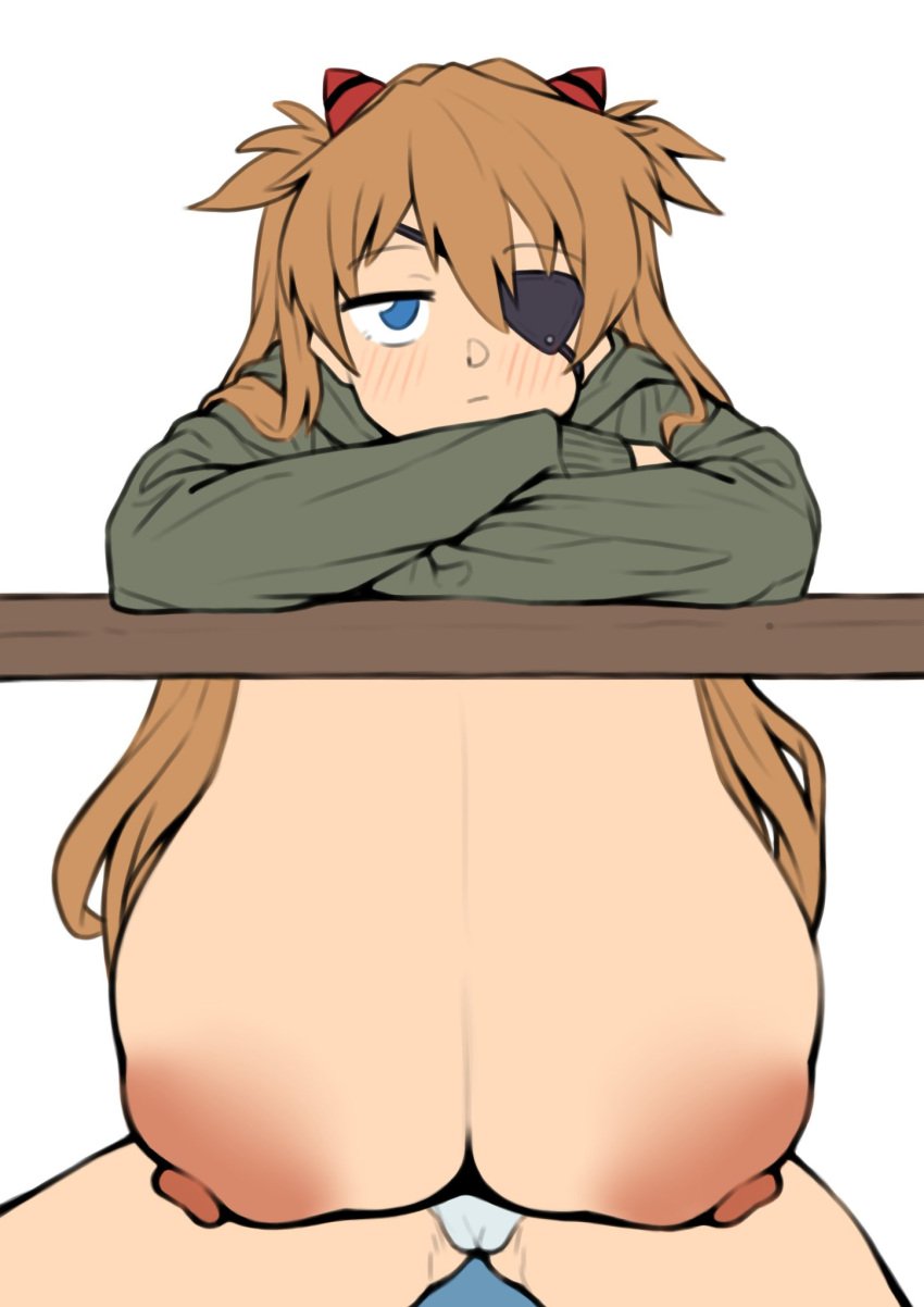 1girls asuka_langley_sohryu blue_eyes blush coffeelove68 eyepatch hanging_breasts huge_breasts massive_breasts neon_genesis_evangelion nipples orange_hair red_hair sagging_breasts sitting solo torpedo_breasts