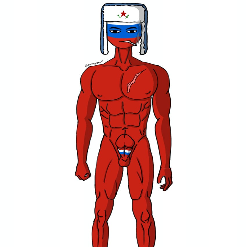 1boy 1male abs balls big_breasts big_pecs big_penis black_eyes cigarette cigarette_in_mouth cigarette_smoke countryhumans dick gay gay_male hat male male_focus male_only man_boobs muscles muscular muscular_male nipples no_clothes no_panties no_pants no_underwear pecs penis red_body russia_(countryhumans) scar scar_on_chest scars simple_background six_pack smoke smoking standing thighs ushanka white_background