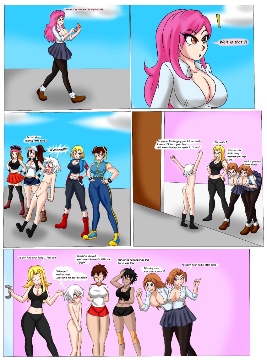 ass cammy_white chun-li embarrassed embarrassed_nude_femboy embarrassed_nude_male english_text female femboy hilda_(pokemon) human luna_(dreamyluna19) multiple_girls nude penis pokemon serena_(pokemon) serena_(pokemon_games) sodaska street_fighter tagme text