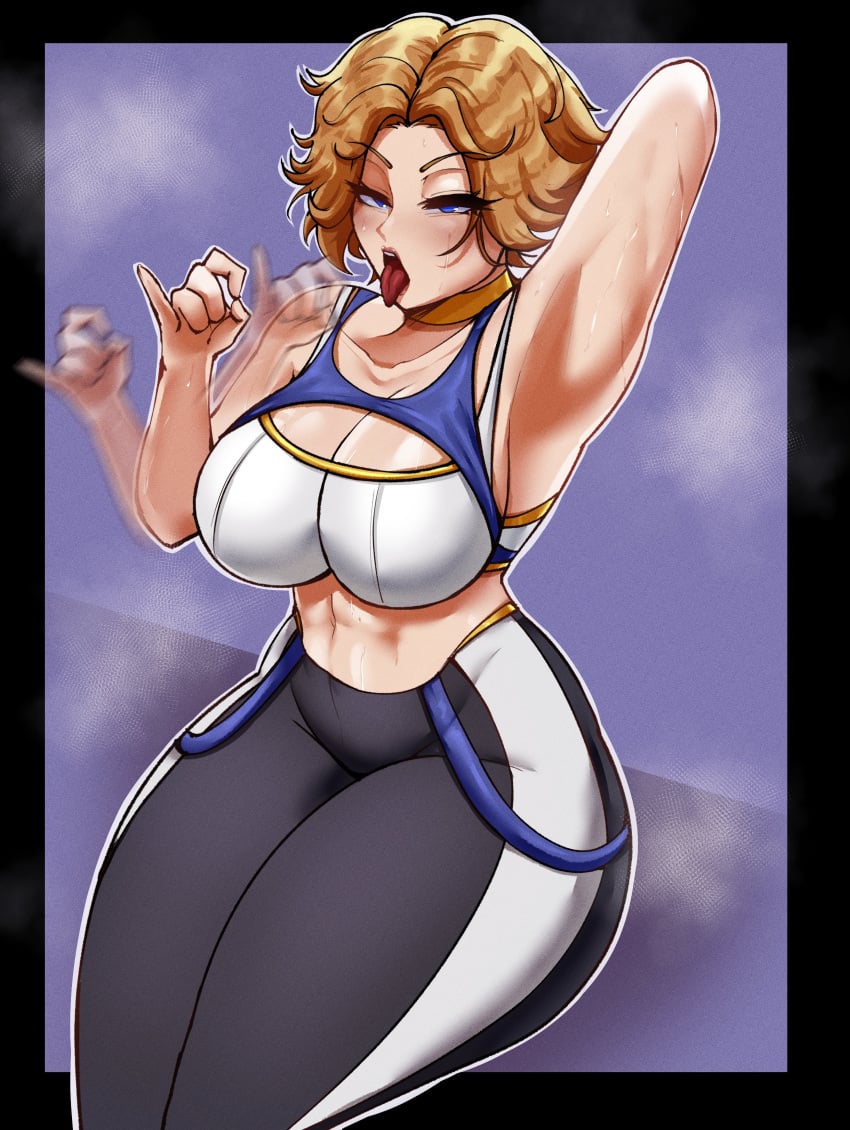 1girls armpit blonde_hair blowjob_gesture blue_eyes breasts deadcloud female female_only light-skinned_female light_skin one_arm_up open_mouth solo tongue tongue_out